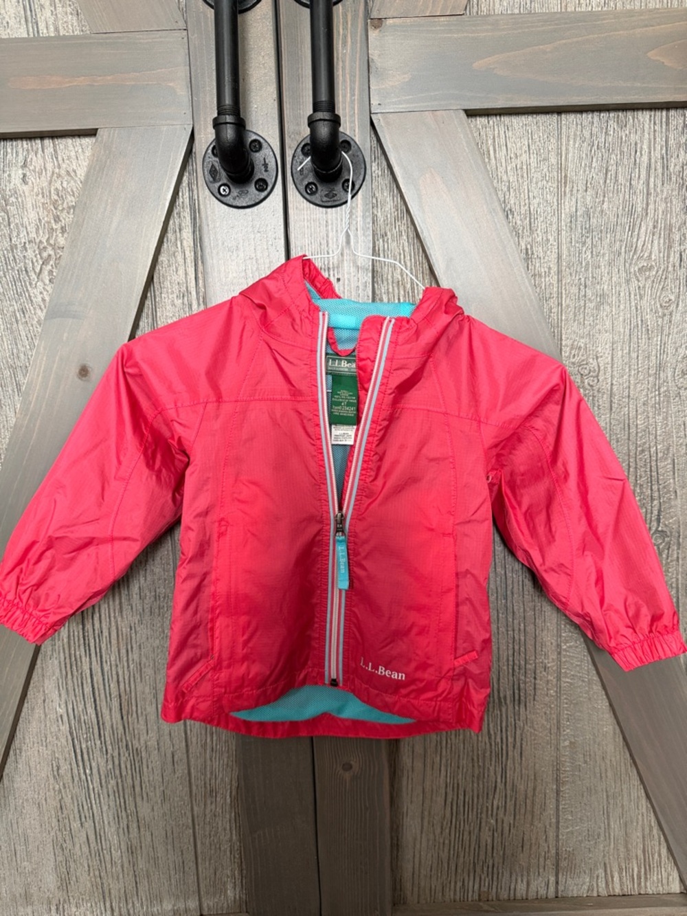 L.L. Bean Youth Girls Hot Pink Hooded Rain Jacket with Aqua Trim - size 4T